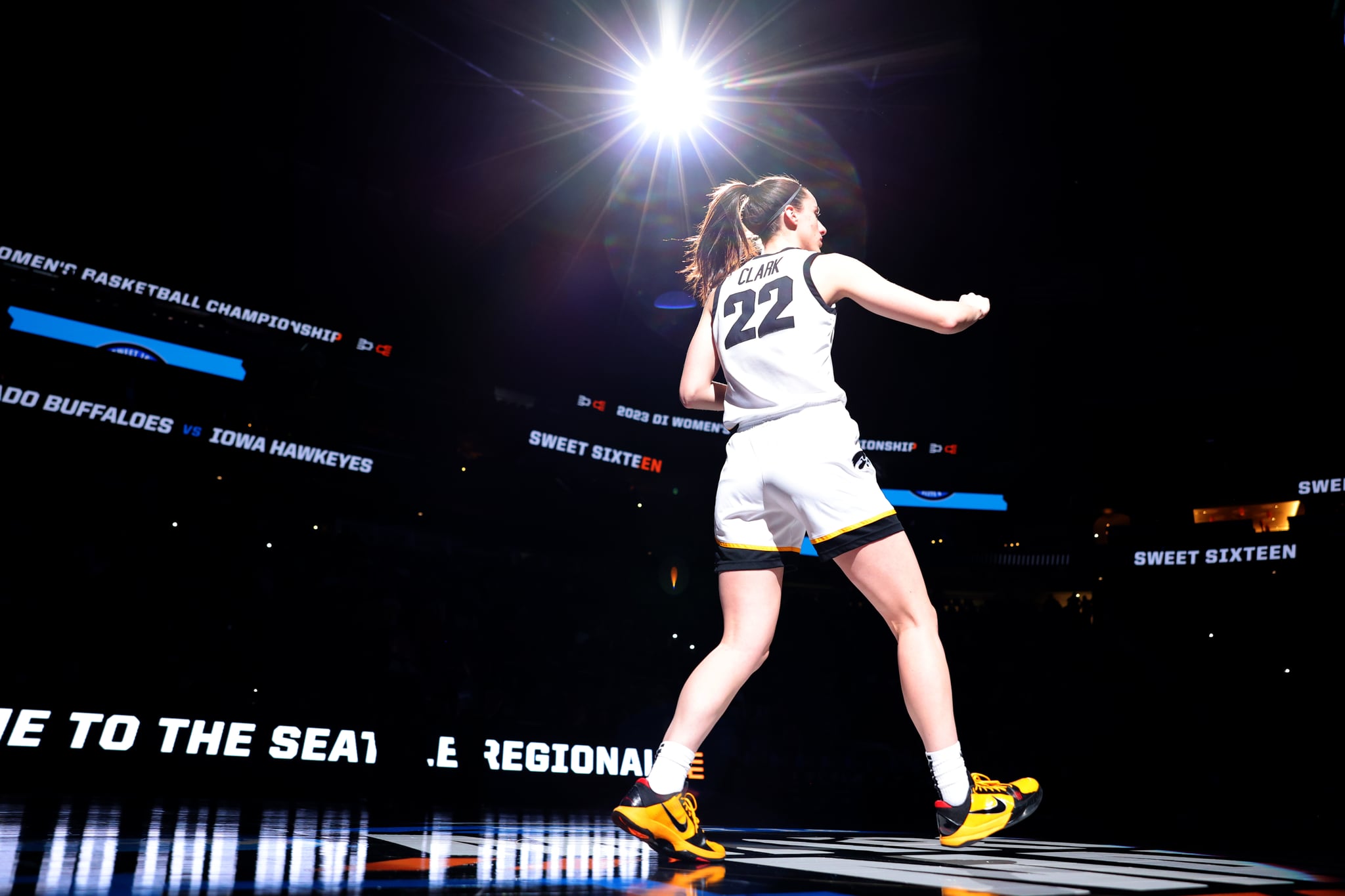 SEATTLE, WA - MARCH 24: Guard Caitlin Clark #22 of the Iowa Hawkeyes is introduced before the game against the Colorado Buffaloes during the Sweet Sixteen round of the 2023 NCAA Womens Basketball Tournament held at Climate Pledge Arena on March 24, 2023 in Seattle, Washington. (Photo by Tyler Schenk/NCAA Photos via Getty Images)