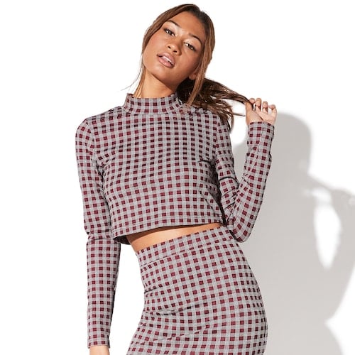 Vylette Stretch Check Cropped Mock Turtle Neck