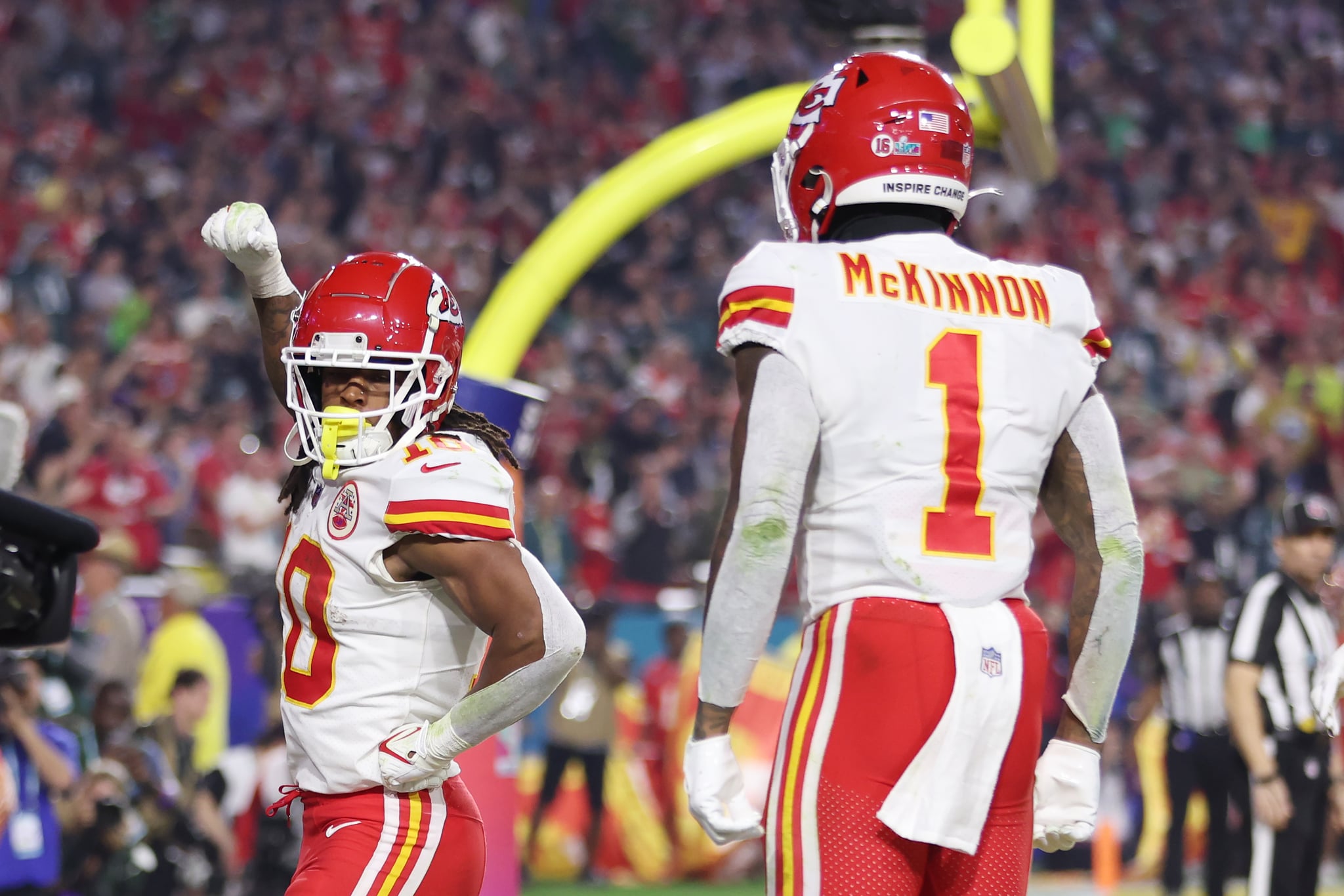 GLENDALE, ARIZONA - FEBRUARY 12: Isiah Pacheco #10 of the Kansas City Chiefs celebrates with Jerick McKinnon #1 of the Kansas City Chiefs after running for a one yard touchdown during the third quarter against the Philadelphia Eagles in Super Bowl LVII at State Farm Stadium on February 12, 2023 in Glendale, Arizona. (Photo by Gregory Shamus/Getty Images)