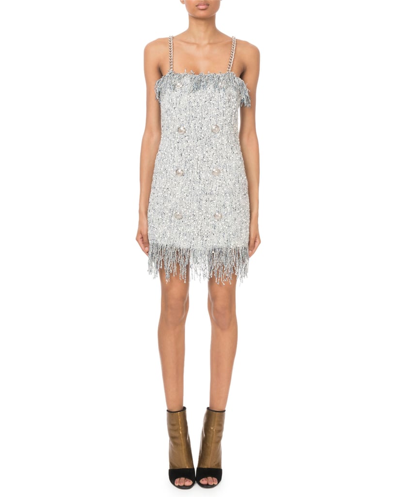 Balmain Sleeveless Sequined-Tweed Chain-Strap Mini Dress