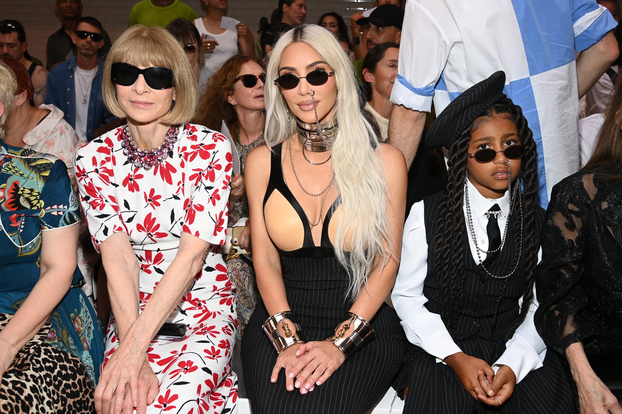 PARIS, FRANCE - JULY 06: (EDITORIAL USE ONLY - For Non-Editorial use please seek approval from Fashion House) (L-R) Anna Wintour, Kim Kardashian and North West attend the Jean-Paul Gaultier Haute Couture Fall Winter 2022 2023 show as part of Paris Fashion Week  on July 06, 2022 in Paris, France. (Photo by Pascal Le Segretain/Getty Images)