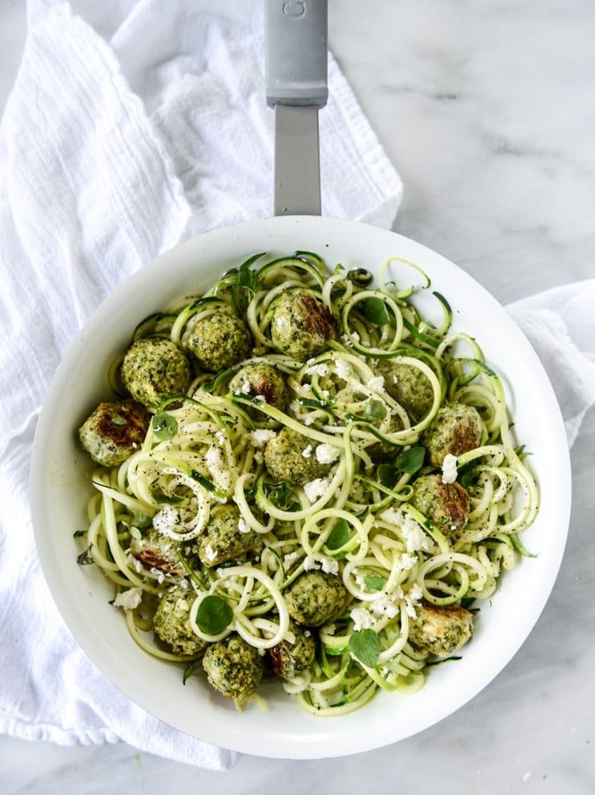Zucchini Noodles With Chicken, Feta, and Spinach Meatballs