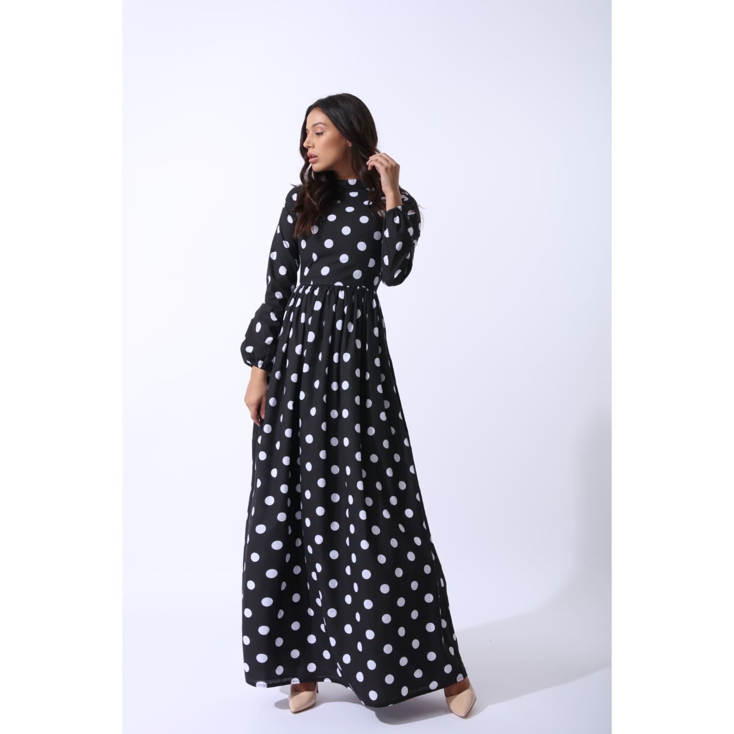 Black long sleeve polka dot dress on sale