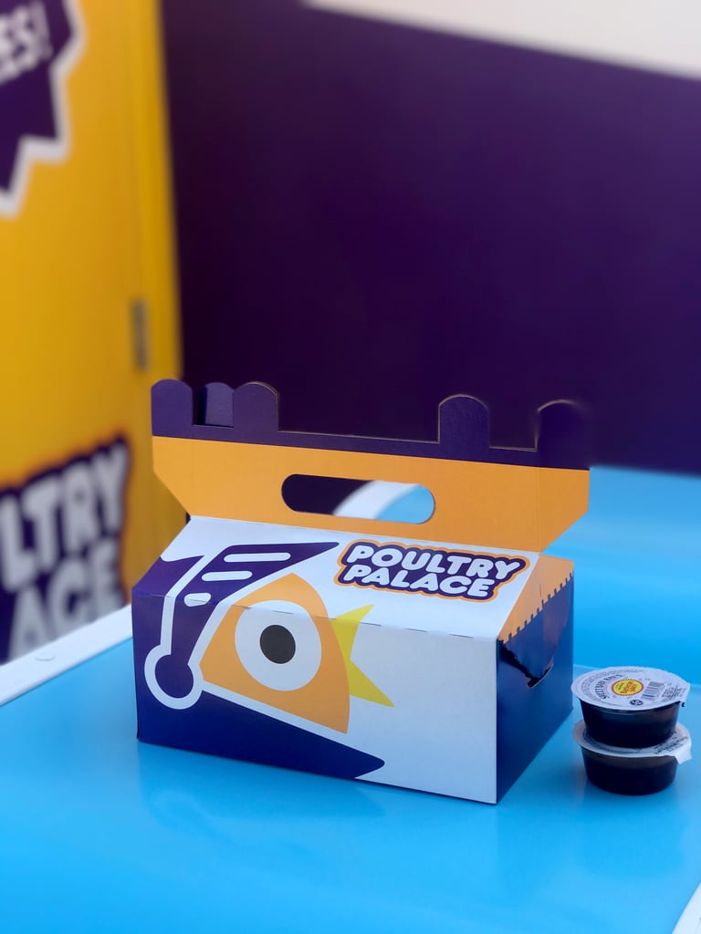 It comes in a cute Poultry Palace box, along with the dipping sauces of your choice.
