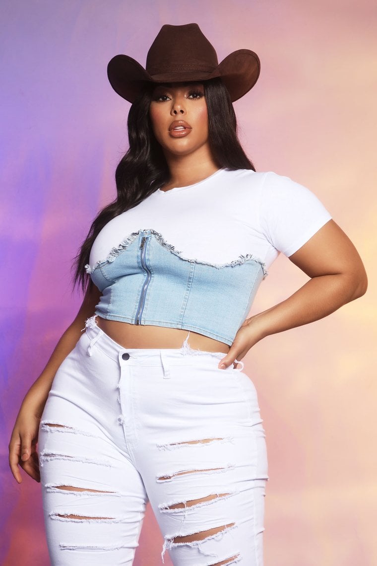 Megan Thee Stallion x Fashion Nova Krystal Denim Mix Top — Light Wash