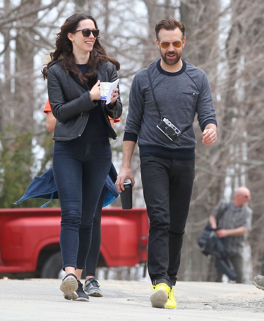 On Tuesday, Jason Sudeikis and Rebecca Hall shared a laugh on the set of Tumbledown in Boston.