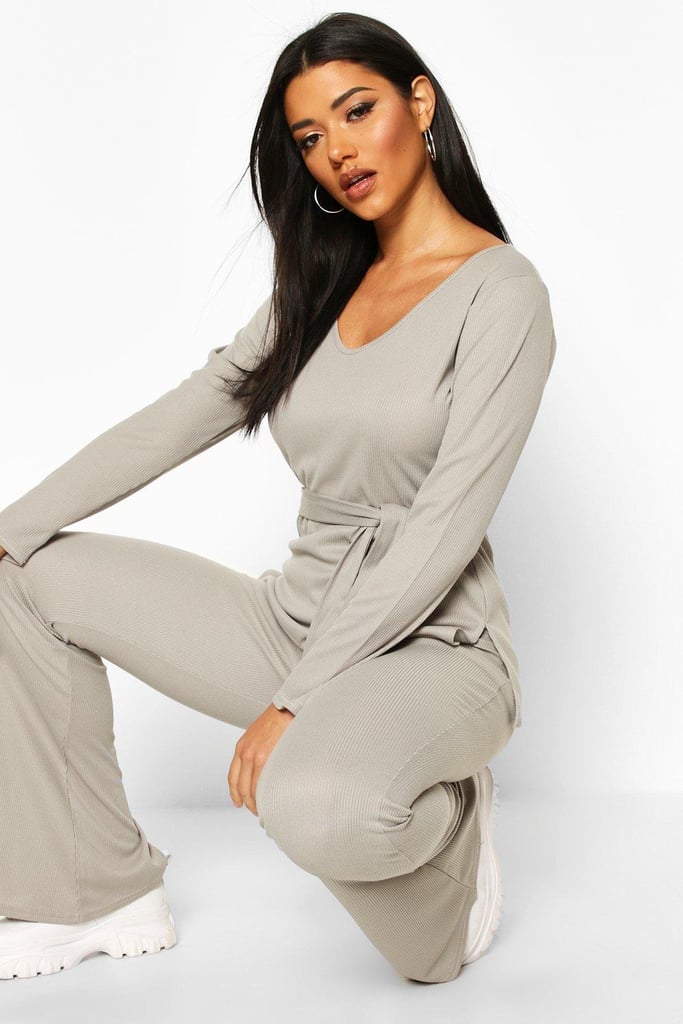 Rib V-Neck Tie Twist Top and Wide-Leg Co-Ord Set