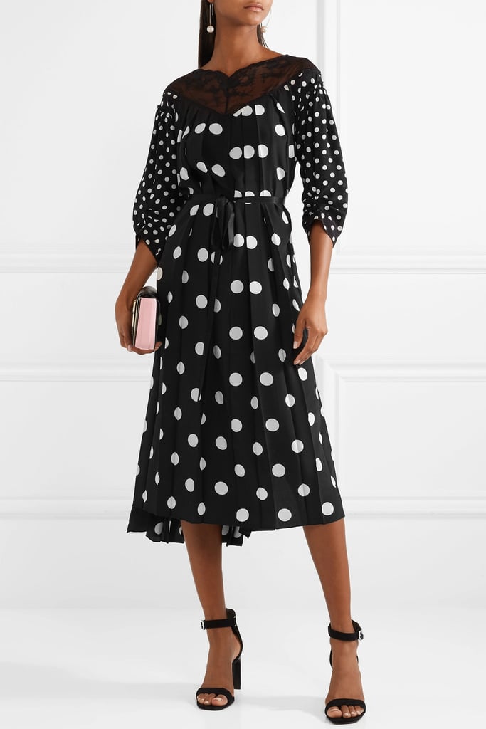 Marc Jacobs Lace Trimmed Pleated Polka Dot Silk Crepe De Chine Midi Dress