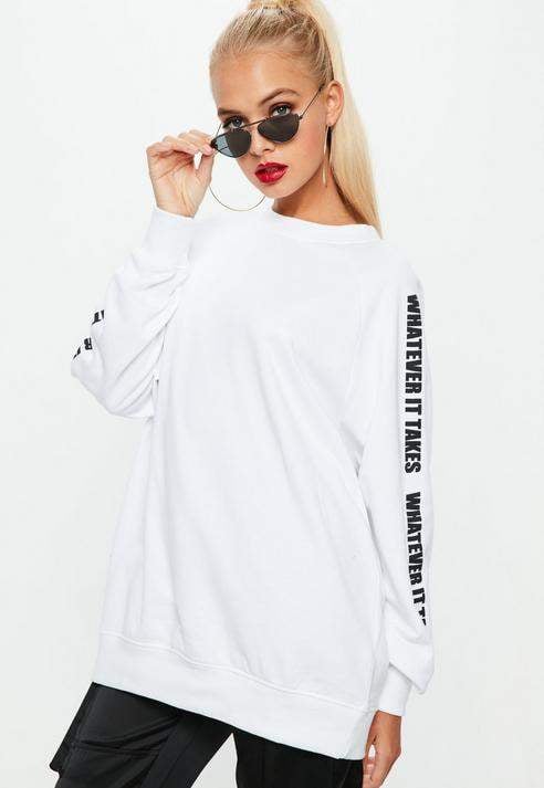 Missguided White Whatever It Takes Graphic Sleeve Sweatshirt