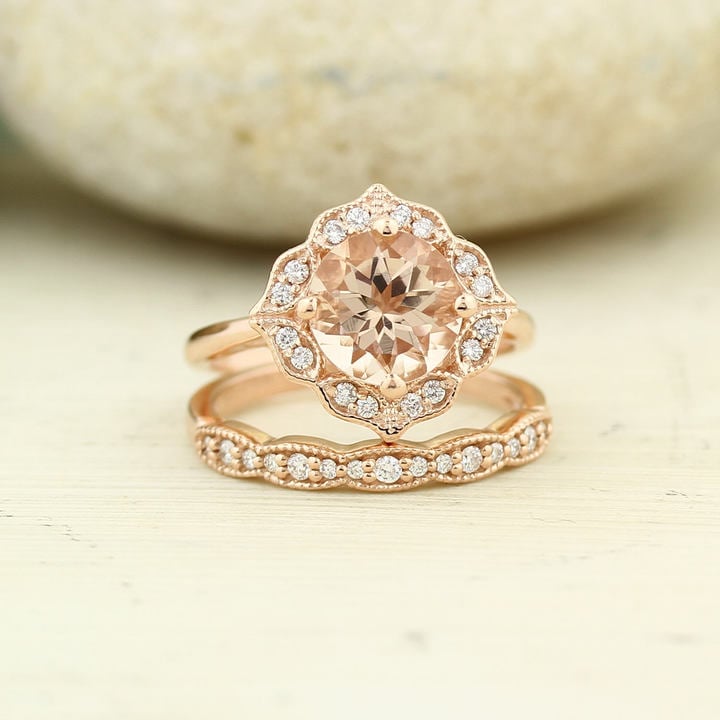 Etsy Bridal Set Floral Design Engagement Ring | Princess ...