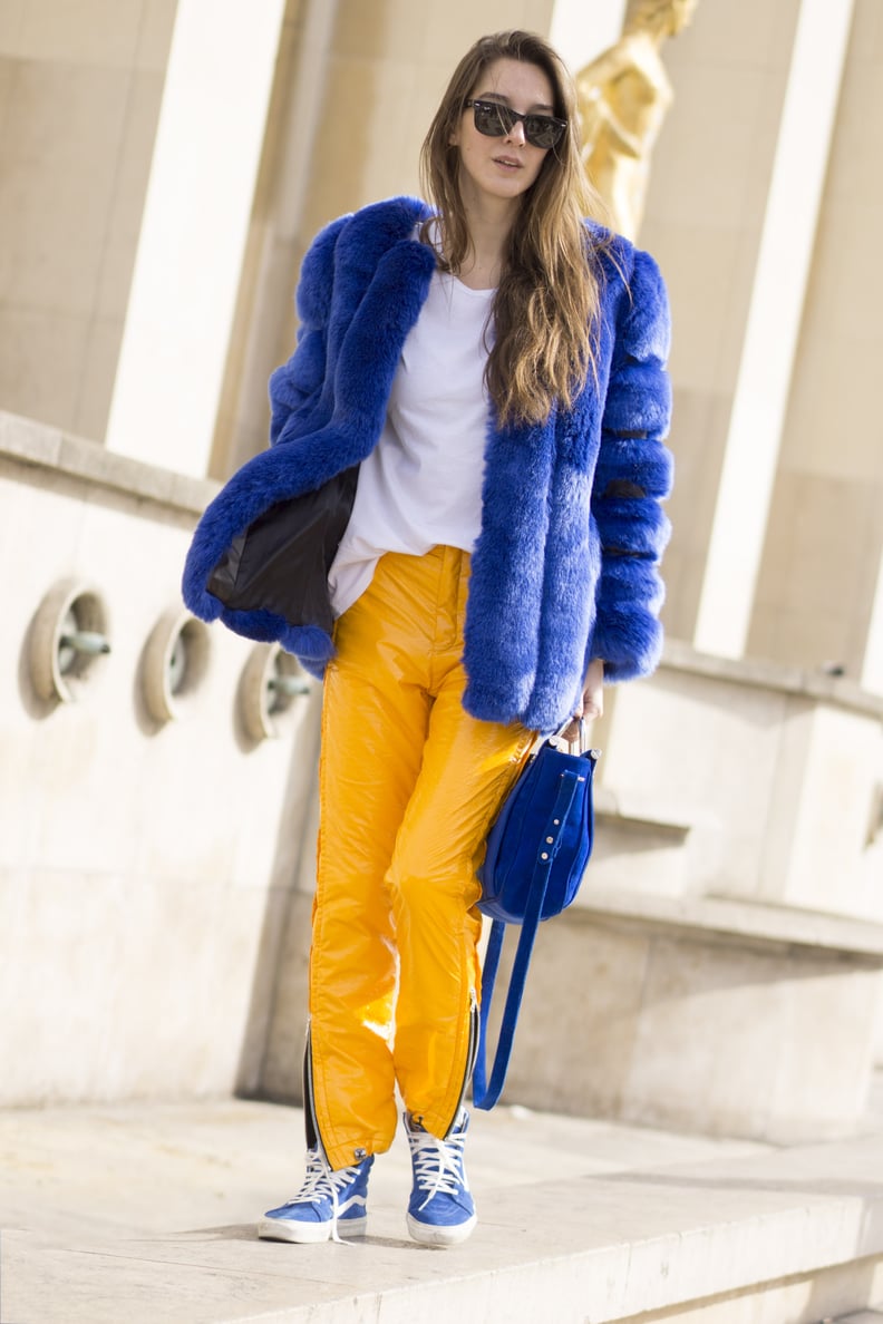 Don't Be Afraid to Wear Your Track Pants With Bright Blue Sneakers