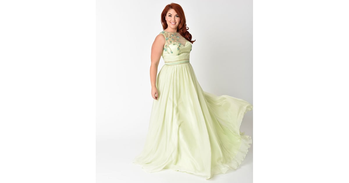 Curve Lime Green Embellished Mesh Illusion Prom Gown Unique Vintage