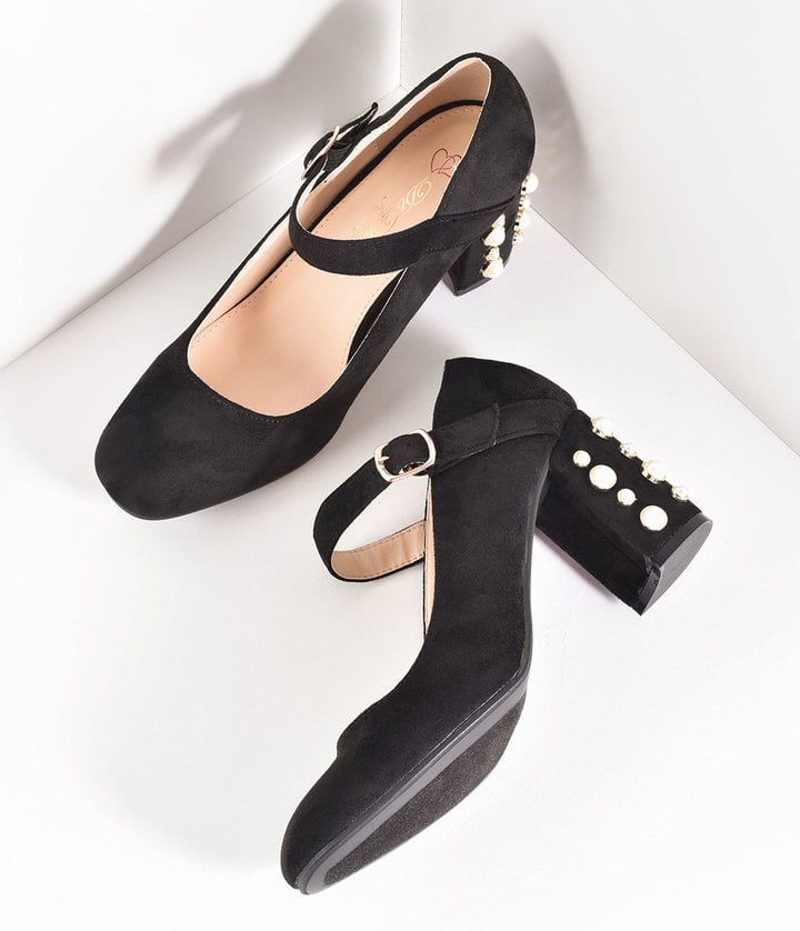 Unique Vintage Black Suede Mary Jane Pearl Block Pumps Shoes
