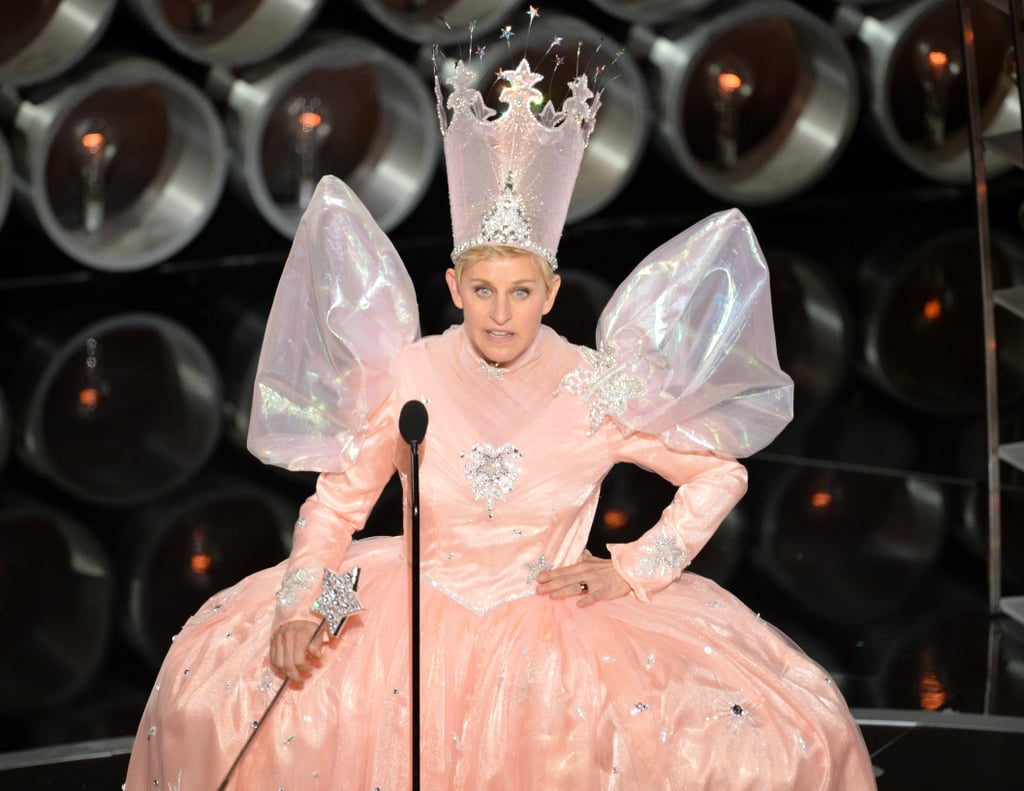In one of her multiple outfit changes, host Ellen DeGeneres came out dressed as Glinda the Good Witch.