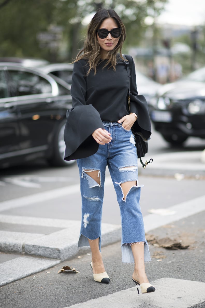 Blogger Aimee Song Elevated Her Boyfriend Jeans With a Bell-Sleeve Blouse and Chanel Heels