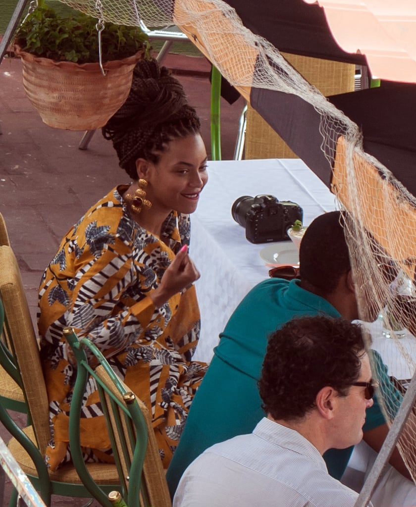 Beyoncé got print happy in a collarless blouse and matching shorts, both by Thakoon Addition, complete with large statement earrings, while grabbing lunch with JAY-Z in Havana, Cuba.