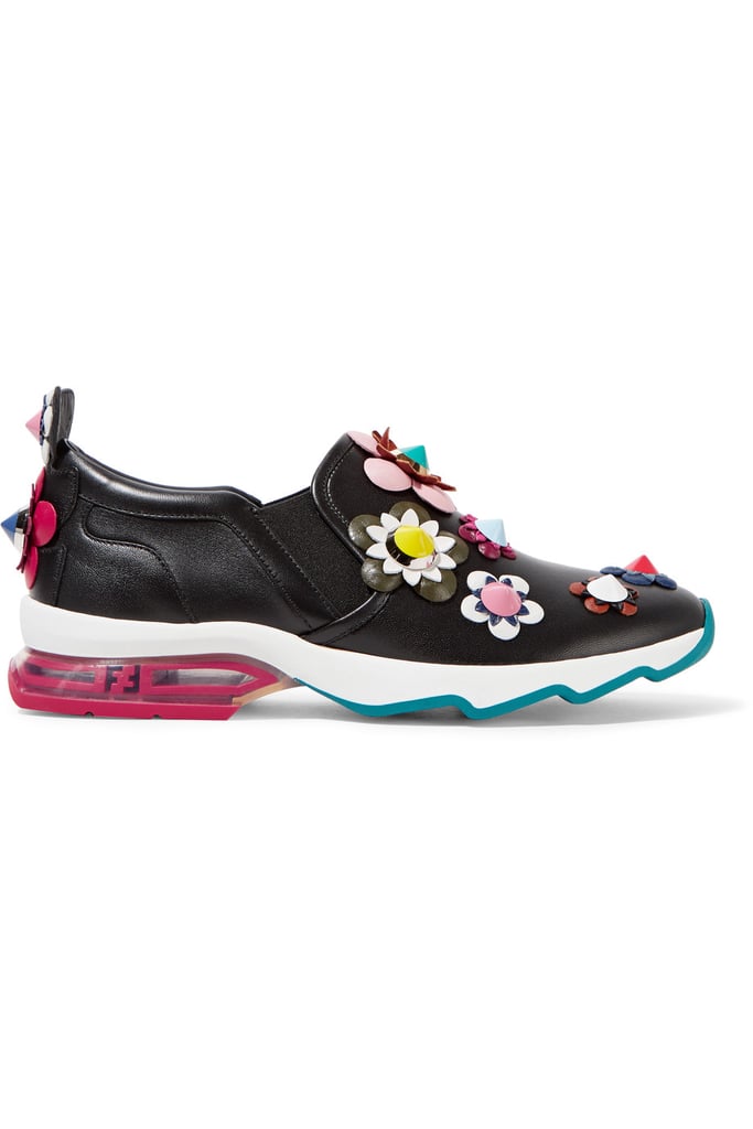 Fendi Embellished Appliquéd Leather Slip-on Sneakers - Black