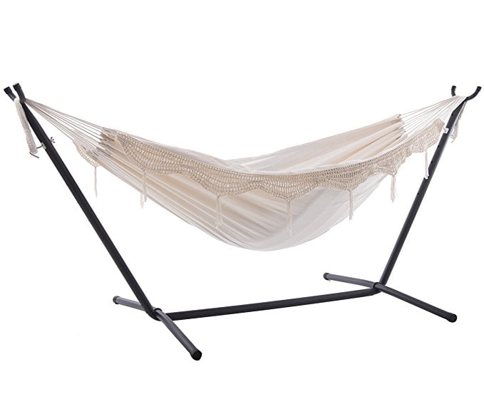 Vivere Double Hammock With Space-Saving Steel Stand, Natural