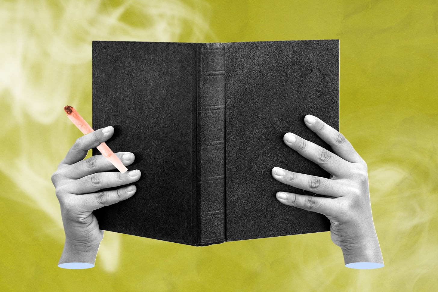 collage artwork of person holding a book and a joint