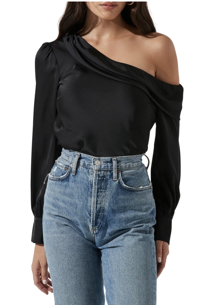 A Silky Touch: ASTR the Label One-Shoulder Satin Long Sleeve Top