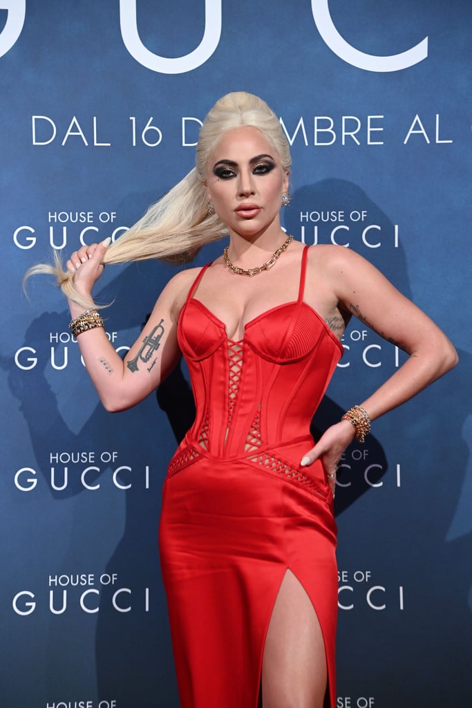 See All Angles of Lady Gaga's Sexy Red Versace Corset Dress