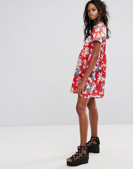 Reclaimed Vintage Inspired Short Sleeve Smock Dress in Dragon Print