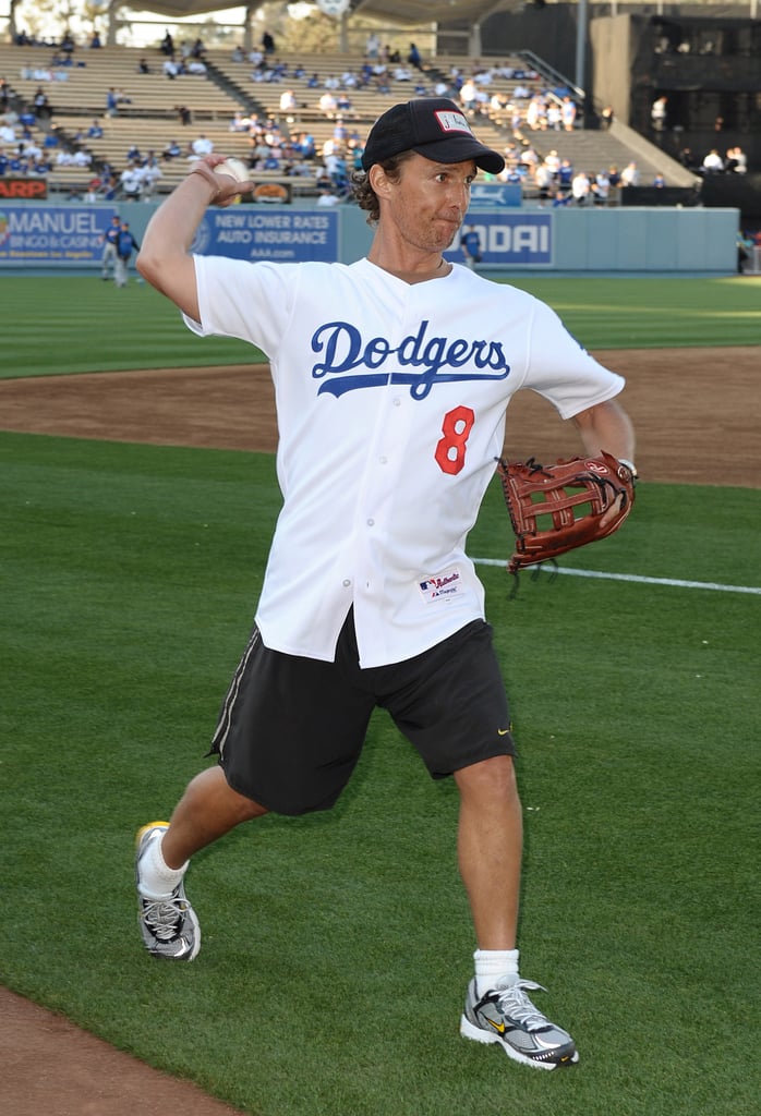 Matthew McConaughey practiced his first pitch at the LA Dodgers game in May 2009.