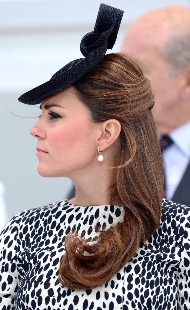 She donned a similar hairstyle for her final solo public appearance before maternity leave: the Princess Cruises ship naming ceremony.