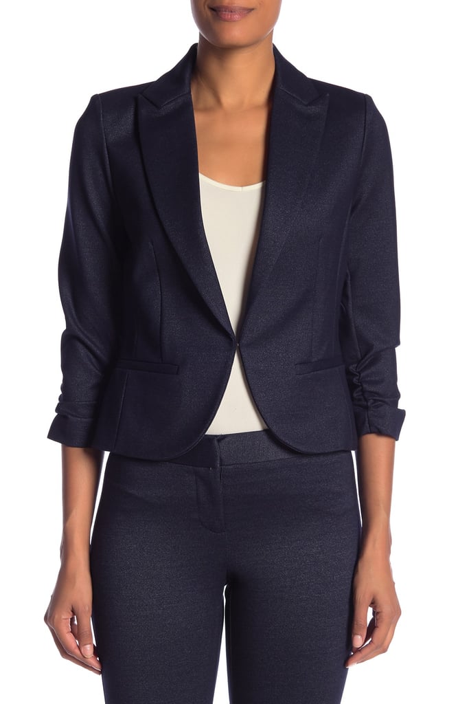 Amanda & Chelsea Denim Ponte Knit 3/4 Length Sleeve Rouched Blazer