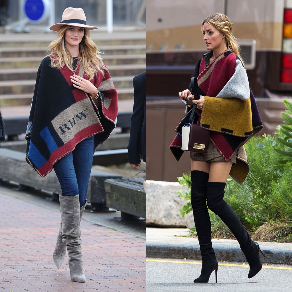 There's something to note about Rosie's ensemble that it shares with Olivia Palermo's — both style stars sported their ponchos with knee-high boots. Never mind the fact that these two ladies are total tastemakers; the outfit proportions really work. That’s because an oversize silhouette up top totally benefits from sleek separates down below. 
We're especially drawn to the way Rosie works with a more casual foundation — from medium-wash skinnies to a standard, neutral fedora. You see, we're deeming ponchos the most unexpectedly chic piece for Fall — they're totally comfortable but roomy enough for a whole lot more style than you'd ever expect.