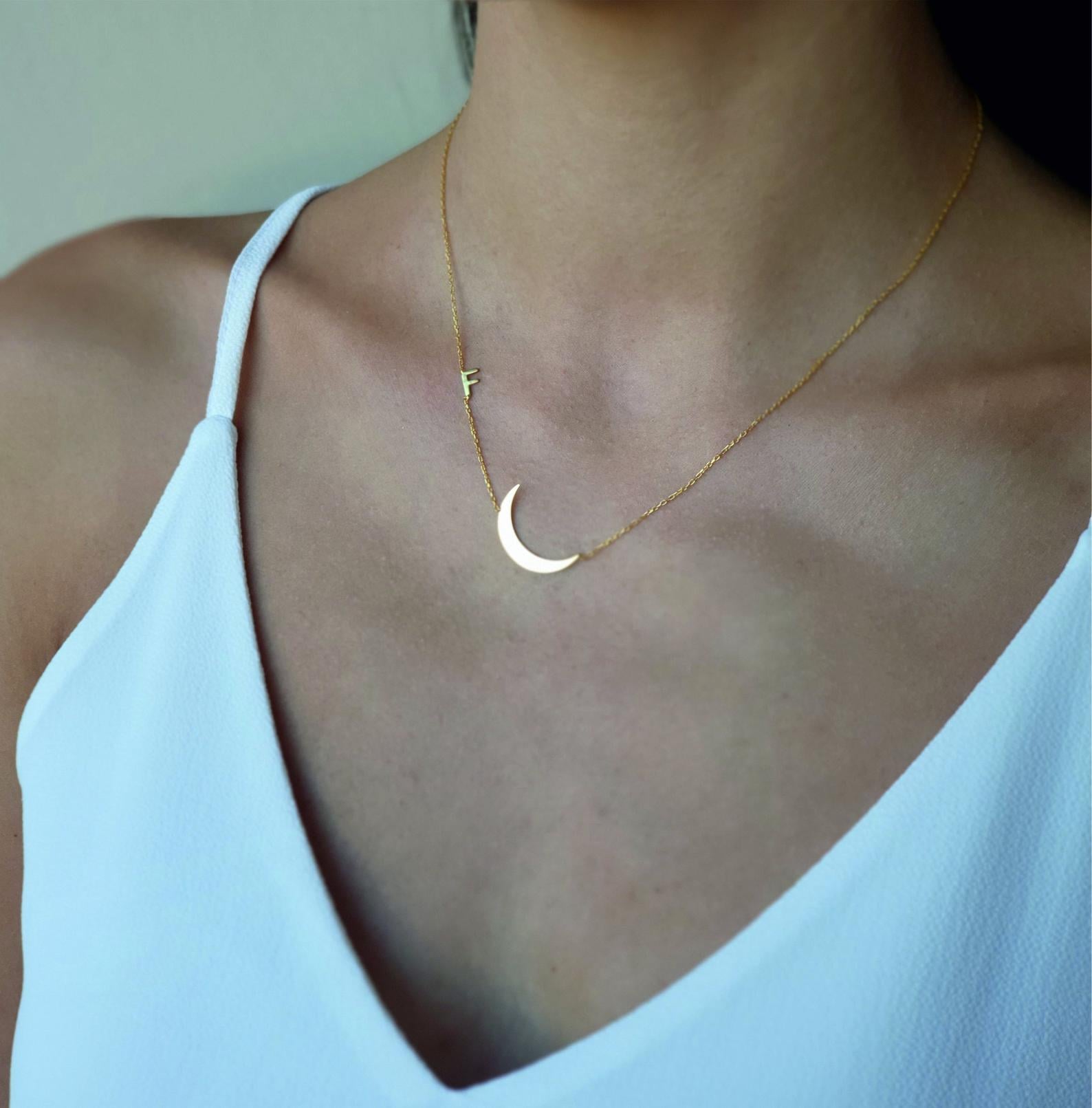 SILVER NECKLACE Initial N Crescent Moon Pendant