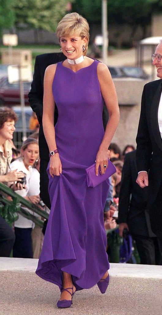 Just like with any other public appearance, Diana arrived in style at a gala at the Field Museum of Natural History in Chicago in June 1996. The princess donned a purple gown by Gianni Versace with Jimmy Choo heels and a clutch in the same shade. Diana accessorized with a diamond choker, earrings, and her famous sapphire engagement ring.