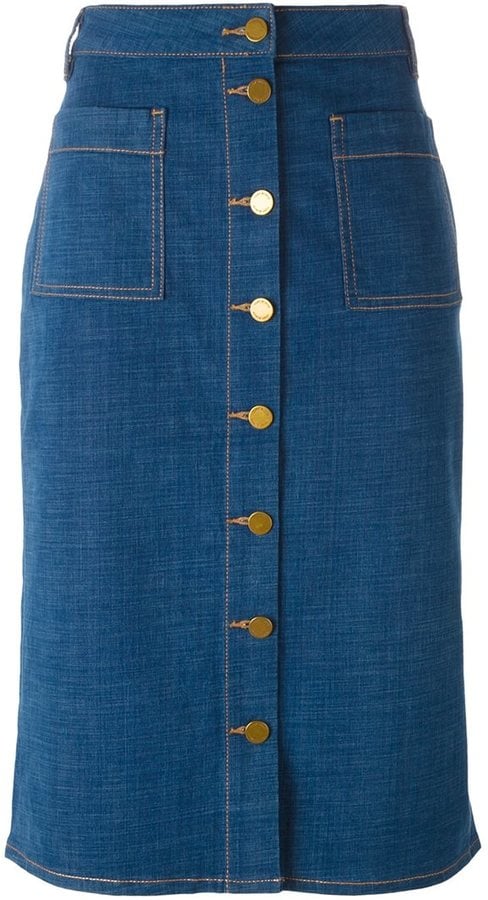Tory Burch Denim Midi Skirt ($266) | 45 Fringed, Studded, and Plaid Pieces  That'll Make You Wanna Go Western | POPSUGAR Fashion Photo 17