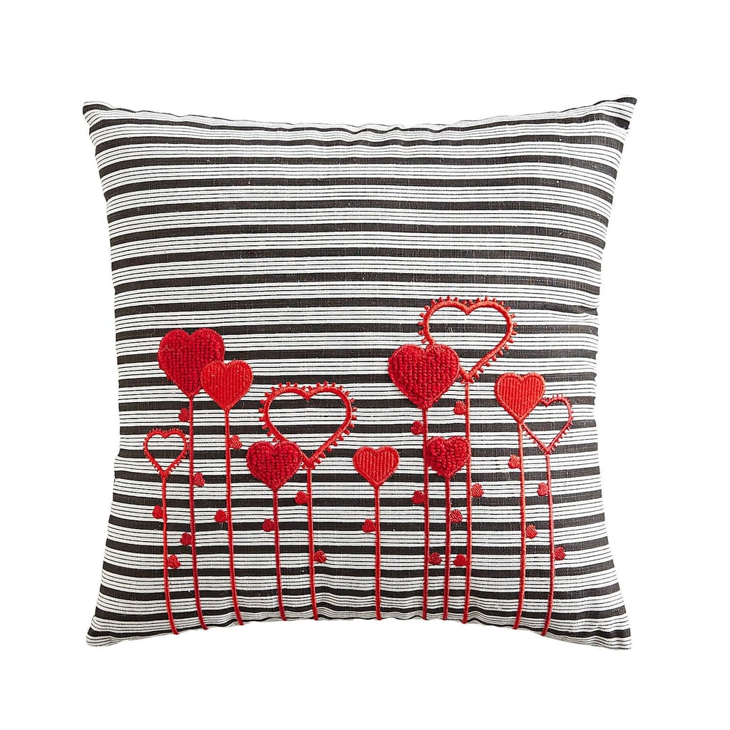 Embroidered Black and White Striped Heart Pillow