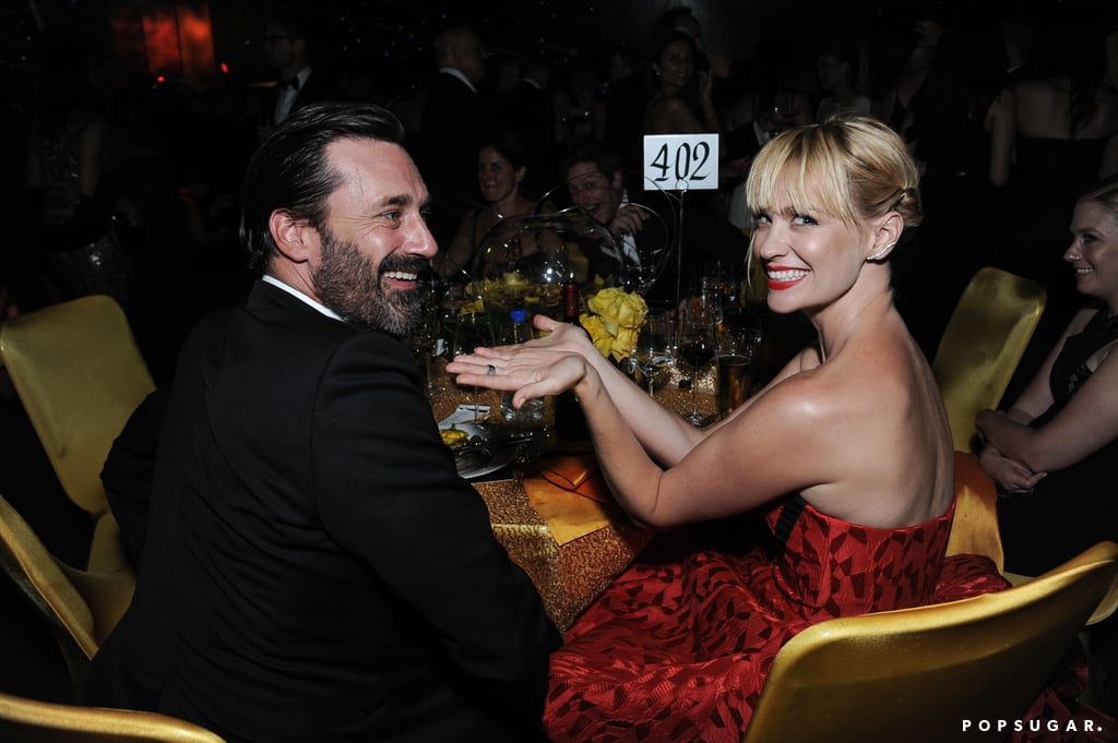 Mad Men stars Jon Hamm and January Jones goofed around at their table during the Governors Ball.