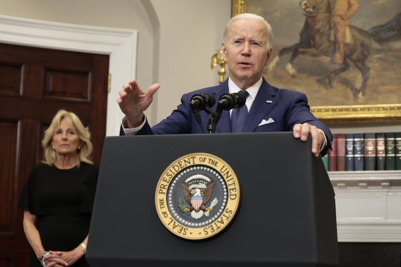 WASHINGTON, DC - MAY 24: U.S. President Joe Biden delivers remarks from the Roosevelt Room of the White House as first lady Jill Biden looks on concerning the mass shooting at a Texas elementary school on May 24, 2022 in Washington, DC. Eighteen people ar