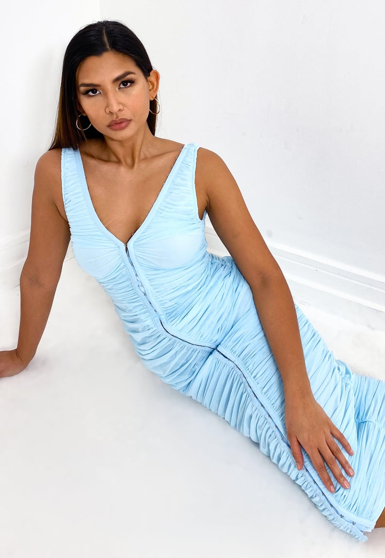 Missguided Blue Mesh Hook and Eye Ruched Midi Dress