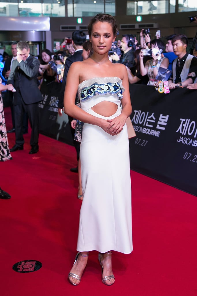 When Alicia premiered her film in Seoul, South Korea, she wore a white Louis Vuitton number with a feminine frill and a triangle cutout just above the stomach.