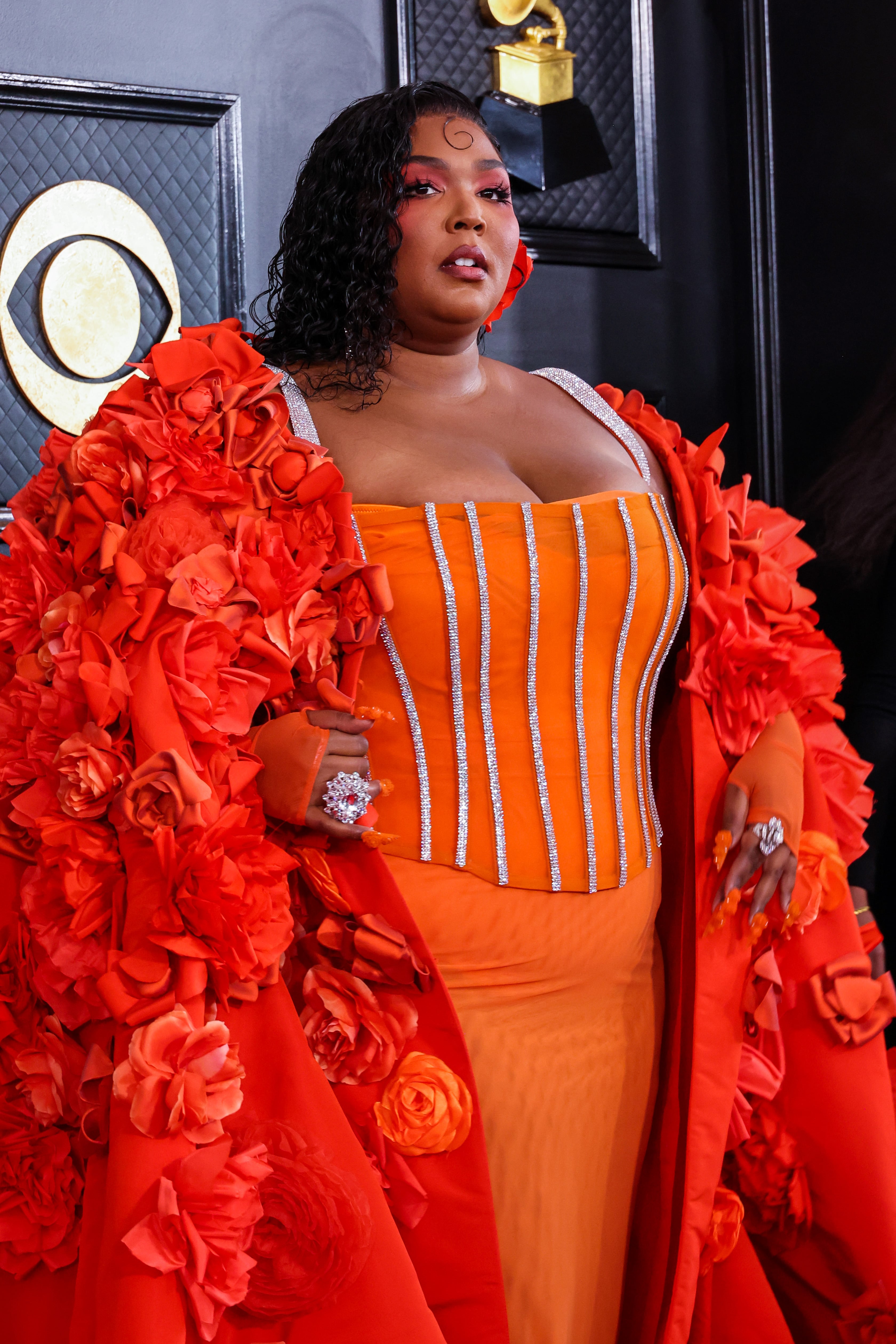 Lizzo Celebrates in Silver Dress & Flower Heels at Grammy Awards 2023