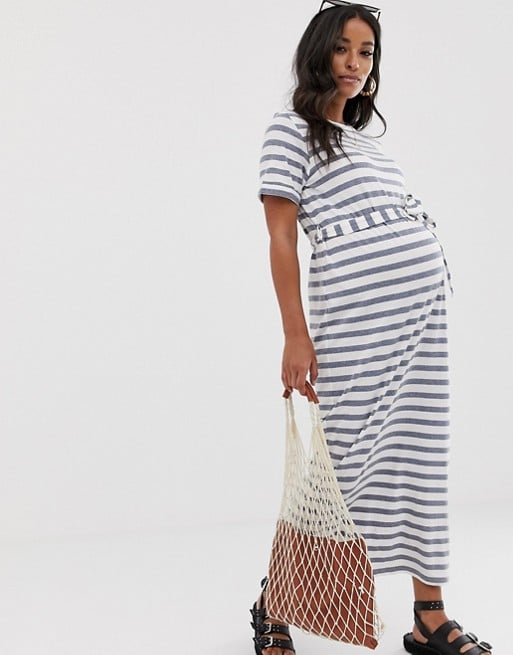 ASOS Design Maternity Exclusive Maxi T-Shirt Dress in Bold Stripe With Belt