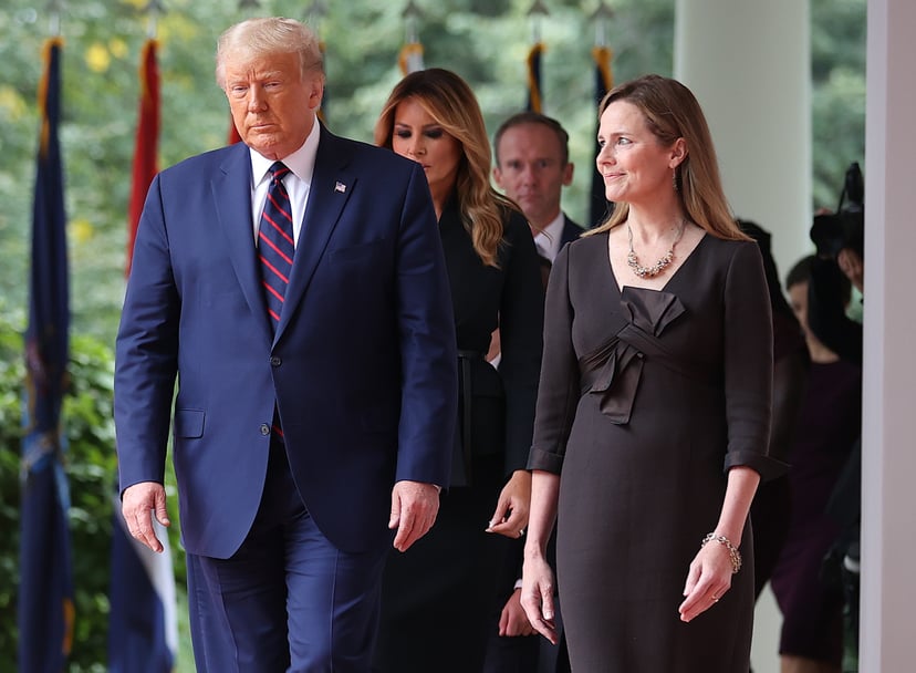 WASHINGTON, DC - SEPTEMBER 26: U.S. President Donald Trump (L) arrives to introduce 7th U.S. Circuit Court Judge Amy Coney Barrett as his nominee to the Supreme Court in the Rose Garden at the White House September 26, 2020 in Washington, DC. With 38 days