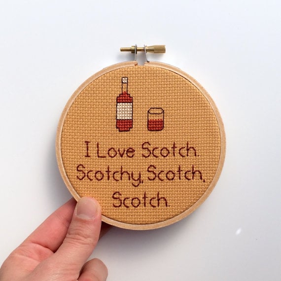 "I Love Scotch . . ." Cross-Stitch Hoop ($32)