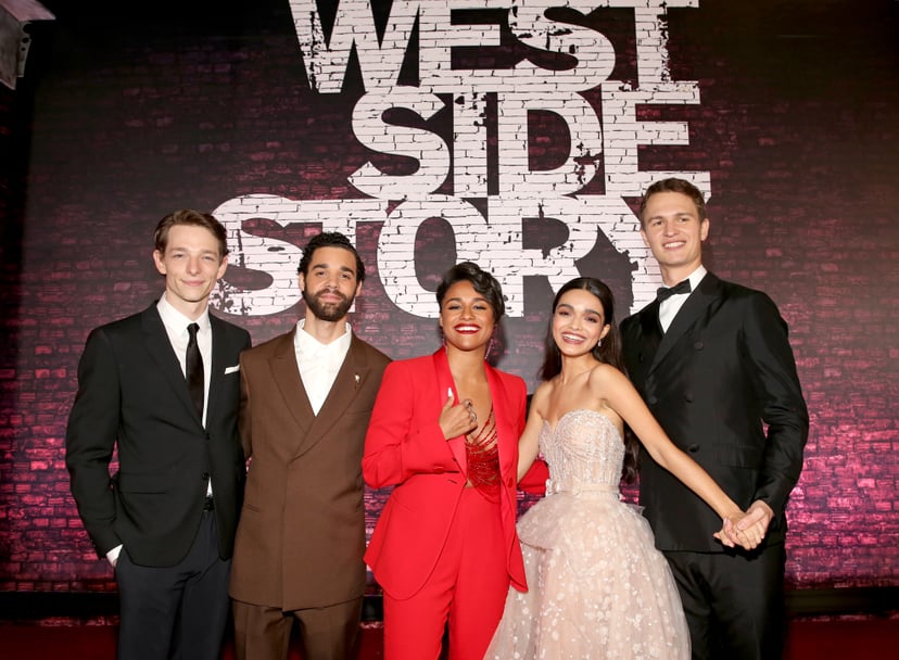 LOS ANGELES, CALIFORNIA - DECEMBER 07: (L-R) Mike Faist, David Alvarez, Ariana DeBose, Rachel Zegler and Ansel Elgort attend the Los Angeles premiere of West Side Story, held at the El Capitan Theatre in Hollywood, California on December 07, 2021. (Photo 