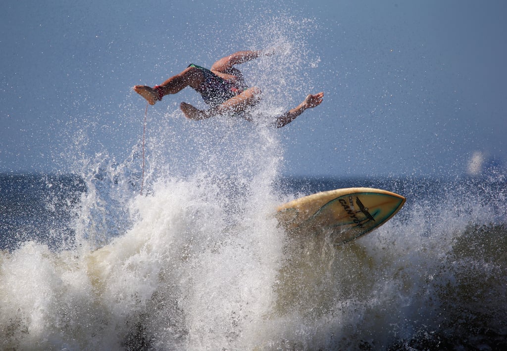 A surfer wiped out in the waves in Long Beach, NY.