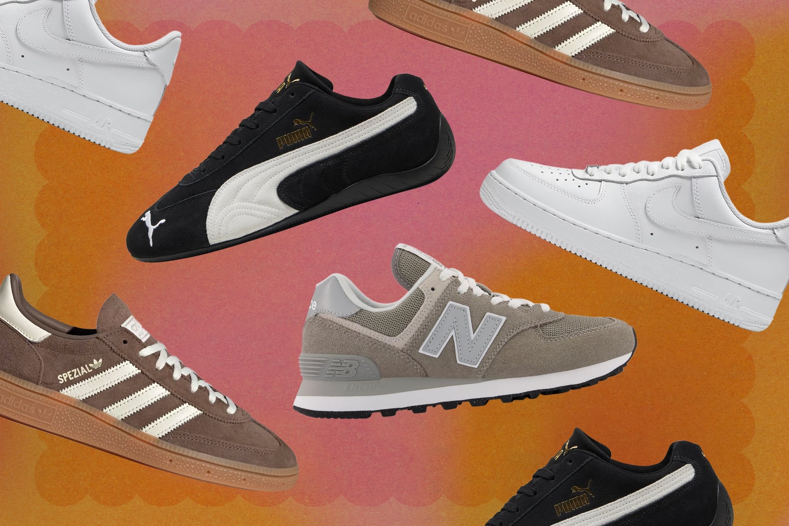Four different sneakers featured as fall outfit essentials, including adidas Spezial, Puma, New Balance, and Nike Air Force 1 styles. Four different sneakers featured as fall outfit essentials, including adidas Spezial, Puma, New Balance, and Nike Air Force 1 styles.