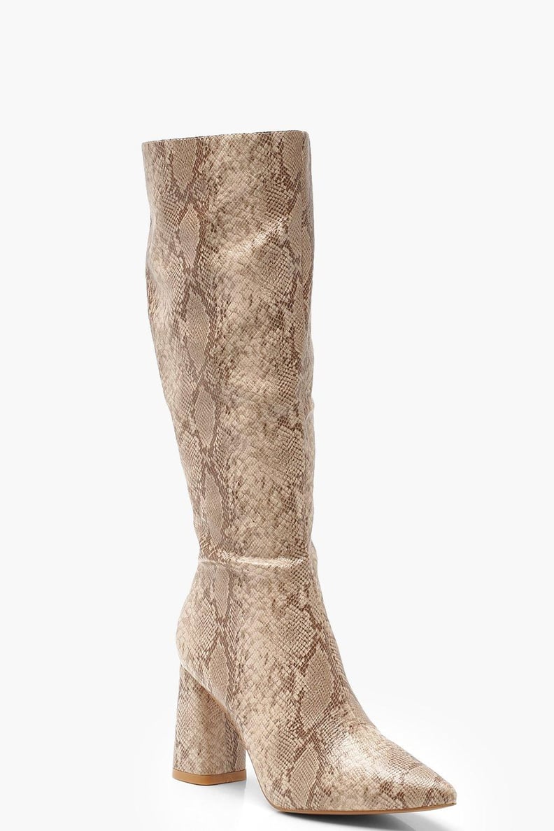 Boohoo Snake Knee High Block Heel Boots