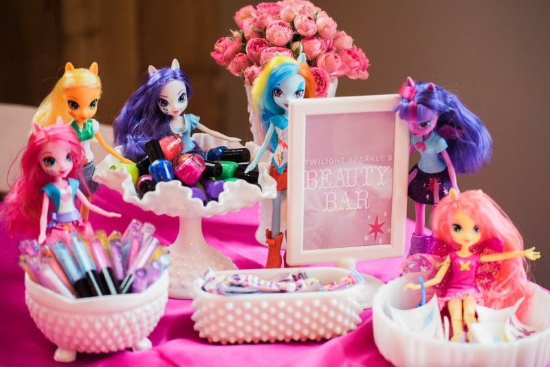 If you’re not familiar with Equestria girls, they are a fashion doll version of the My Little Pony characters with colored hair, bright outfits, lots of personality.  We placed Ally’s dolls around the table, again, using what we already owned as decor.
