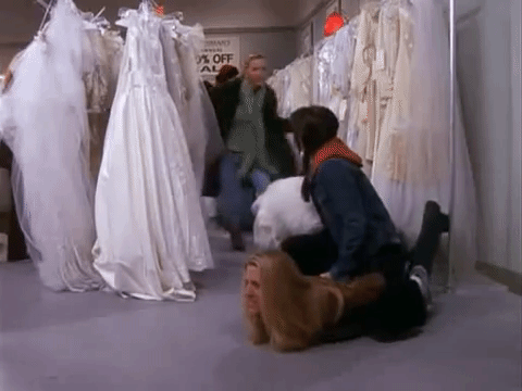 You might see another bride trying on the dress you like, and that's not OK.