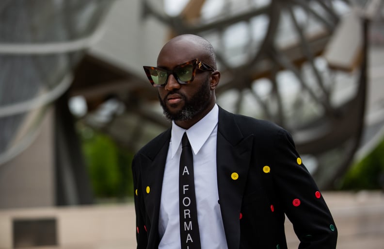 PARIS, FRANCE - JULY 05: Virgil Abloh is seen wearing tie and suit, white button shirt, sunglasses outside Louis Vuitton Parfum Hosts Dinner at Fondation Louis Vuitton on July 05, 2021 in Paris, France. (Photo by Christian Vierig/Getty Images)
