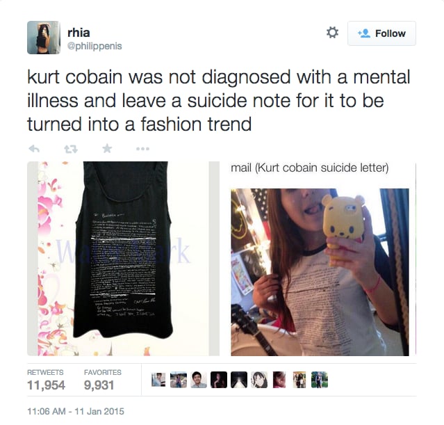 Twitter Responses to the Kurt Cobain TShirt TShirt With Kurt Cobain Suicide Note POPSUGAR